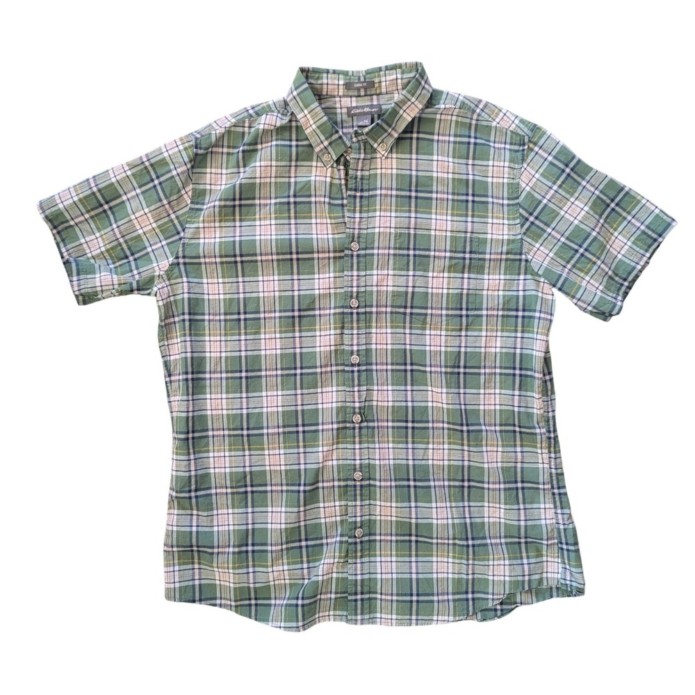 Eddie Bauer Shirt Men TXL Green Plaid Cotton Short Sleeve Button Down‎